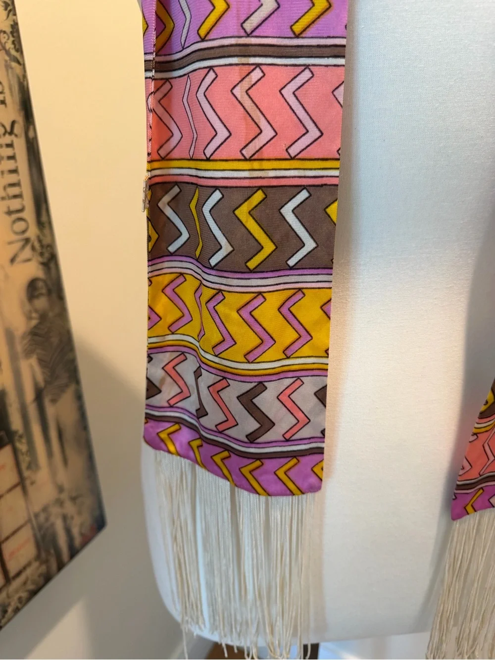 Symphony Pink Yellow Brown Geometric Fringe Silk Scarf
